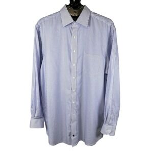 Hart Schaffner Marx Mens Blue Gingham Non-Iron Cotton Lyocell Dress Shirt